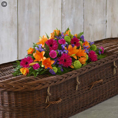 Vibrant Casket Spray - A casket spray of beautifully bright blooms including cerise carnations, orange roses and striking orange lilies.

Approximate Product Dimensions:
Standard:
Length: 90cm.Width 40cm. Height 30cm.

Large:
Length: 120cm.Width 40cm. Height 30cm.

Extra large:
Length: 150cm.Width 45cm. Height 35cm.