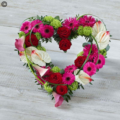 Contemporary Heart - A vibrant contemporary heart tribute featuring striking anthurium and calla lilies in an open heart design.

Approximate Product Dimensions:

Length: 52cm, Width: 50cm, Height: 15cm.