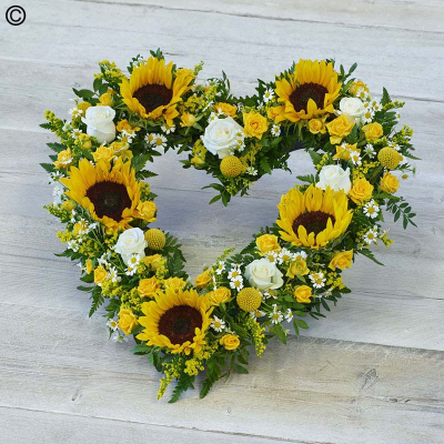 Striking Sunflower Heart - A bright mix of striking sunflowers, roses and craspedia in an open heart design.

Approximate Product Dimensions:
Length: 44cm, Width: 48cm, Height: 12cm.