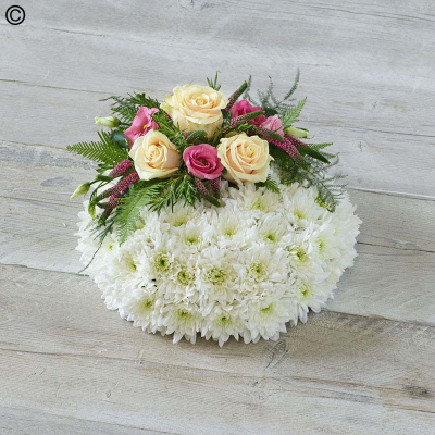 Traditional Posy - This posy features roses resting on a beautiful bed of white chrysanthemums.

Approximate Product Dimensions:
Width: 34cm, Height: 12cm.