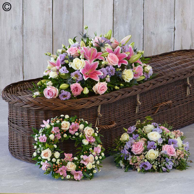 The Pastel Collection - A collection of some of our most popular tributes - a casket spray, wreath and posy. Each features beautiful blooms in pastel tones including roses, lilies, stocks and more.

Approximate Product Dimensions:
casket Spray:
Length 90cm.Width 40cm. Height 30cm.

Wreath:
Width 43cm. Height 12cm.

Posy:
Width 35cm. Height 20cm.