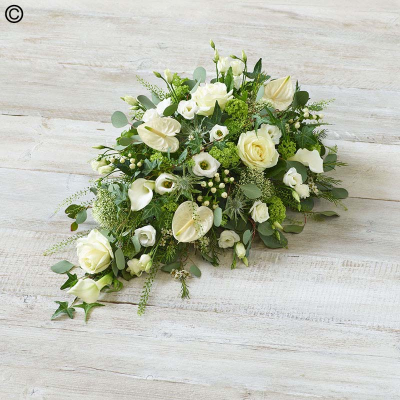 Deluxe White Spray - A lush blend of white and green featuring calla lilies, anthurim, and virburnum opulus. Ivy weaves elegantly through the teardrop shape.

Approximate Product Dimensions:
Length: 75cm, Width: 45cm, Height: 22cm.