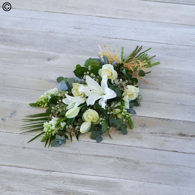 Pure White Sheaf - An elegant combination of fresh white tones and rich greens, featuring large ivory roses, oriental lilies, and silvery eucalyptus.

Approximate Product Dimensions:
Standard:
Length: 60cm.Width 30cm. Height 15cm.

Large:
Length: 70cm.Width 30cm. Height 15cm.

Extra large:
Length: 80cm.Width 40cm. Height 15cm.