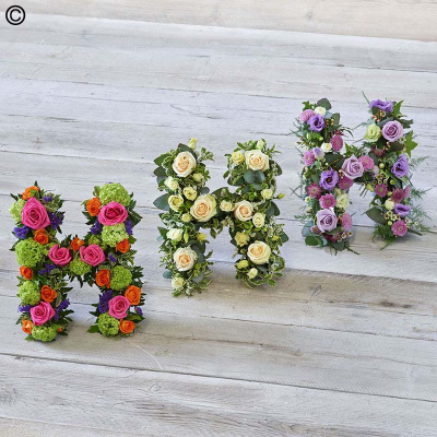 Funeral Lettering open look - Our funeral letters allow for personalized spelling, ensuring that your tribute reflects the exact wishes of the loved one. Choose from white double white Chrysanthemums or variety